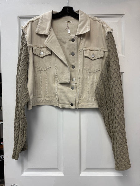 POL Mixed Media with Cable-Knit Sweater Sleeves Denim Jacket