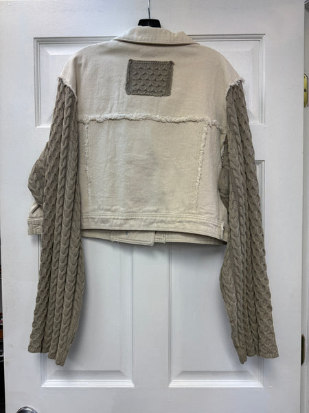 POL Mixed Media with Cable-Knit Sweater Sleeves Denim Jacket