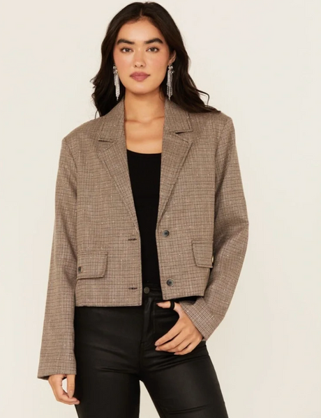Mystree Plaid Print Rhinestone Cropped Blazer