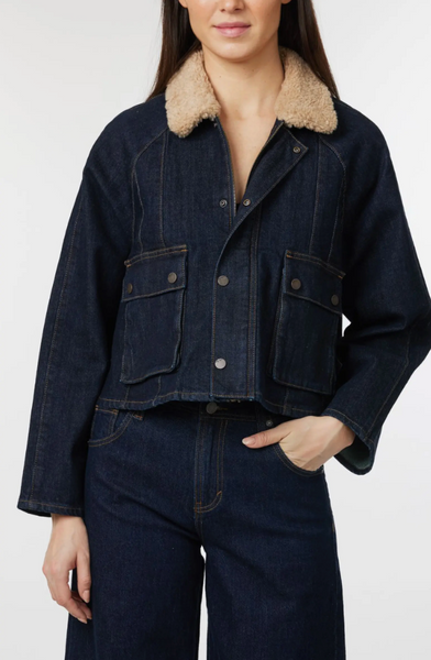 Habitual Faux Shearling Collar Crop Barn Jacket
