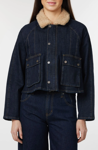 Habitual Faux Shearling Collar Crop Barn Jacket