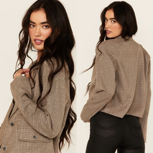 Mystree Plaid Print Rhinestone Cropped Blazer