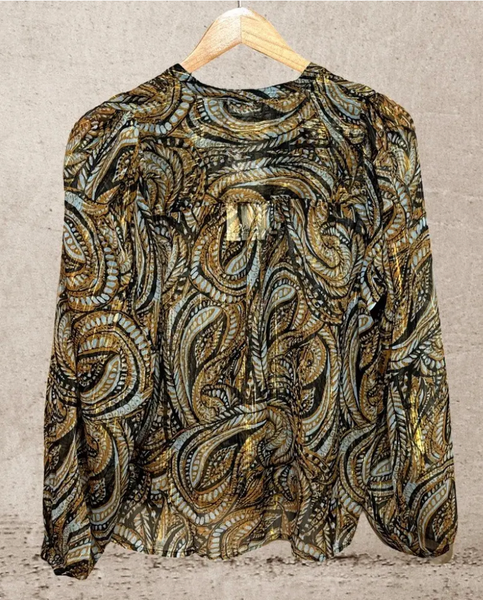 Elan Sheer Paisley Blouse with Metallic Gold